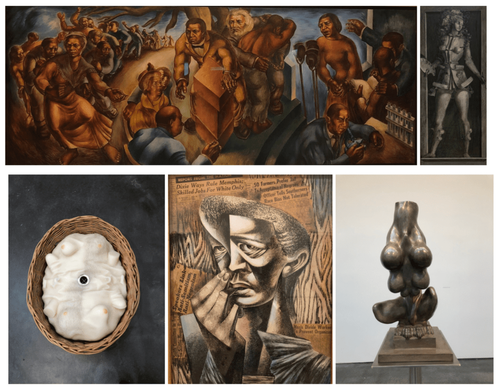 Top panel: Charles White”Five Great American Negroes” (1939) Oil on canvas The Museum of Modern Art, New York, NY./ Leonor Fini’s “La Peinture et l”Architecture (1938-39) Oil on panel/ Lower left​: Robert Gober *Untitled” (2000-2001) Willow, wood, beeswax, human hair, silver plated cast brass and pigment/ C​ enter:​ Charles White “Headlines” (1944) Ink, gouache, and newspaper on board ​Lower Right:​ Louise Bourgeois “Nature Study” (1984) Bronze, silver nitrate patina and steel. All from David Zwirner’s “Endless Enigma: Eight Centuries of Fantastic Art”, New York, NY.