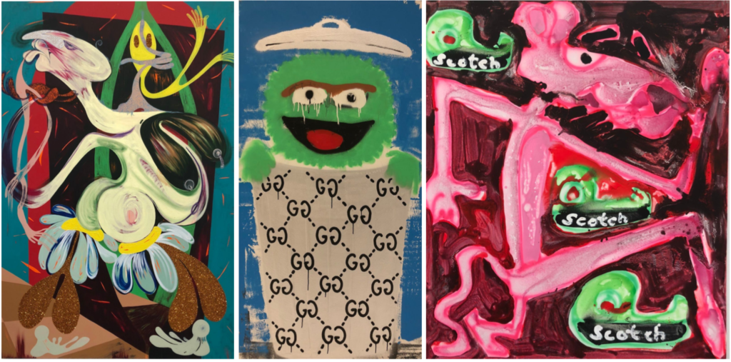 Top left: Theresa Chromati “Foreplay” (2018) Acrylic, gouache, glitter and vinyl on canvas/ Top center: Trevor Andrew aka GucciGhost “Oscar the Grouch” (2018) Acrylic house paint and spray paint on canvas Top right: Katherine Bernhardt “Untitled” (2018) Acrylic and spray paint on canvas