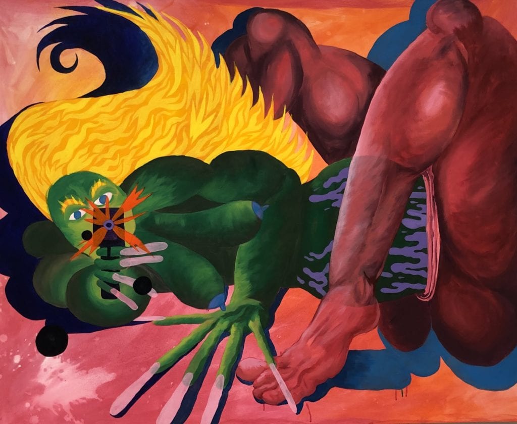 Ana Benaroya’s “Born to Kill” 2018 Spray paint and oil on canvas 60 x 48 in.