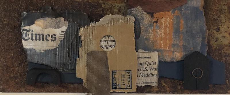 beverly silva the times collage works on paper art assemblage found object collage work artist studio rhode island rhode island artist vintage books minimalism book binding book cover book covers dreams visionary vision cityscapes urban corrugated cardboard scrap metal