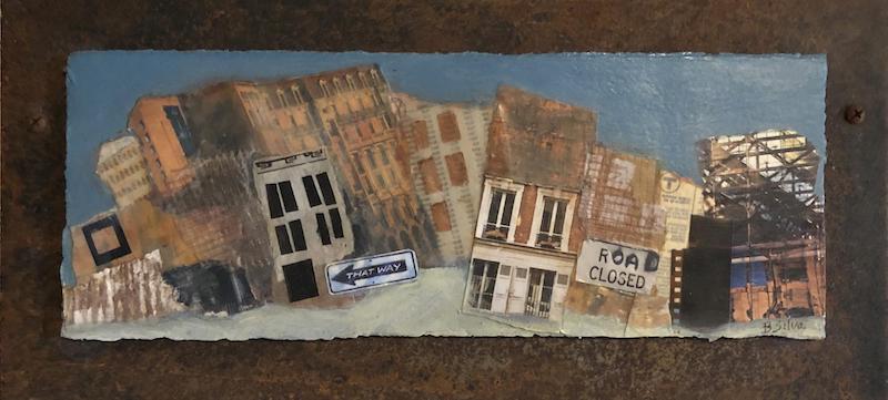 collage works on paper art assemblage found object collage work artist studio rhode island rhode island artist vintage books minimalism book binding book cover book covers dreams visionary vision cityscapes urban corrugated cardboard scrap metal