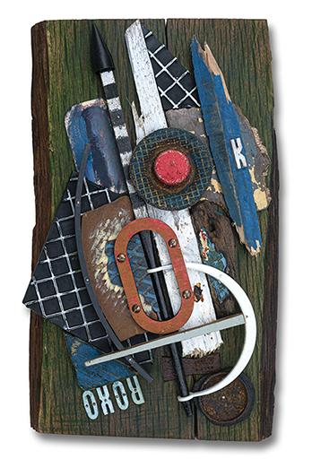 Justin Barrie Kelly, Roxo, found object, assemblag, contemporary art, Welsh artist, sculpture, Low relief, Wall hanging, Sculptural relief, Collage