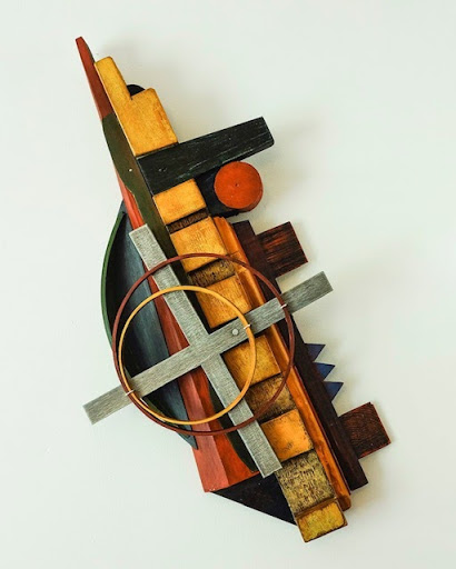 Justin Barrie Kelly, Wooden Painted Structural Relief, found object, assemblag, contemporary art, Welsh artist, sculpture, Low relief, Wall hanging, Sculptural relief, Collage